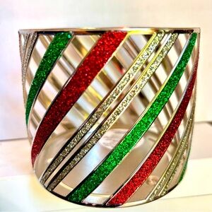 Bath & Body Works 3 Wick Candle Holder Glitter Stripes Christmas Red Green NEW